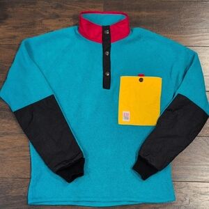 Topo Designs Teal Crewneck Fleece with Yellow Pocket & Red Collar